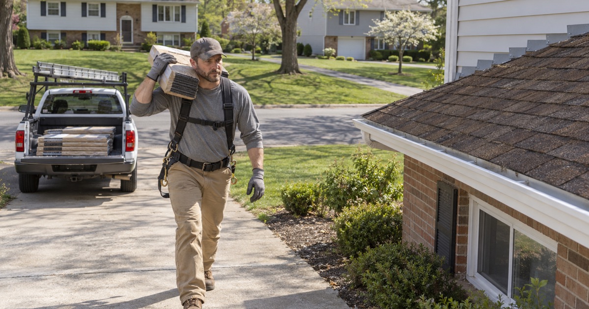 A roofer carrying a shingle bundle on his shoulder up a Cherry Hill driveway at the start of a re-roof, the work pickup behind him.