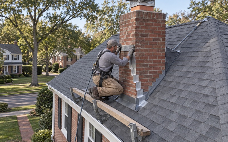New counter flashing let into a cut mortar joint over woven step flashing on the brick chimney of a Cherry Hill colonial.