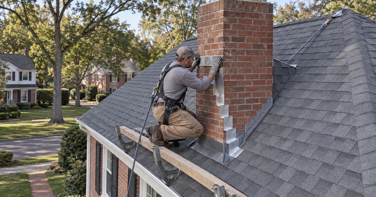 New counter flashing let into a cut mortar joint over woven step flashing on the brick chimney of a Cherry Hill colonial.