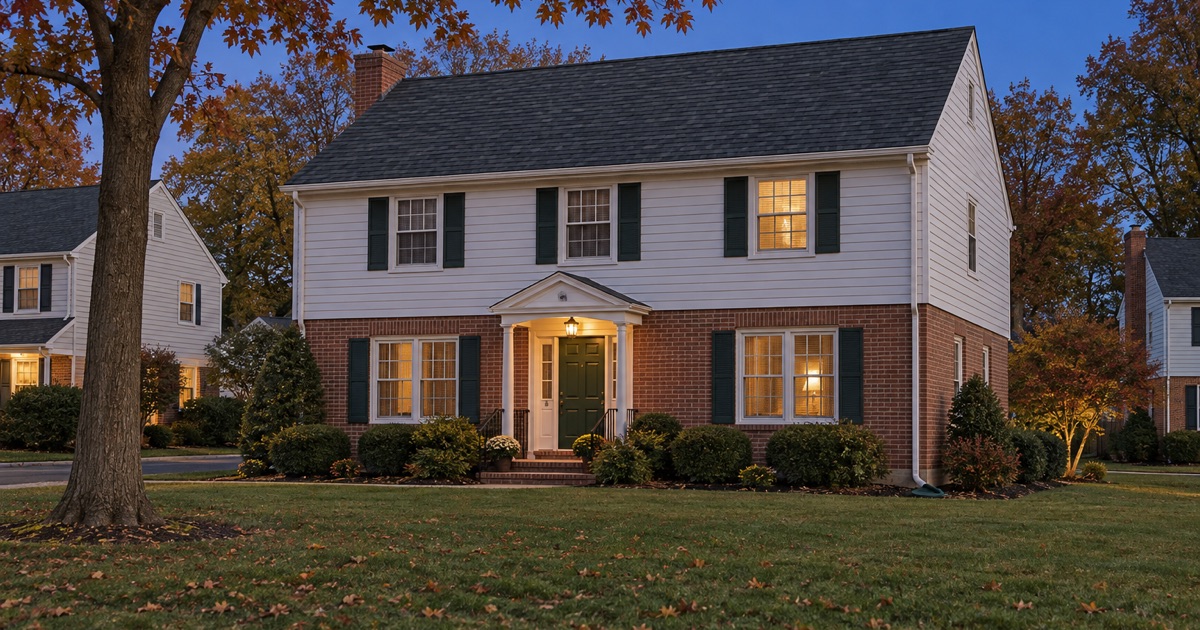 A finished new charcoal shingle roof on a Cherry Hill colonial at dusk, the porch light on and the street quiet.