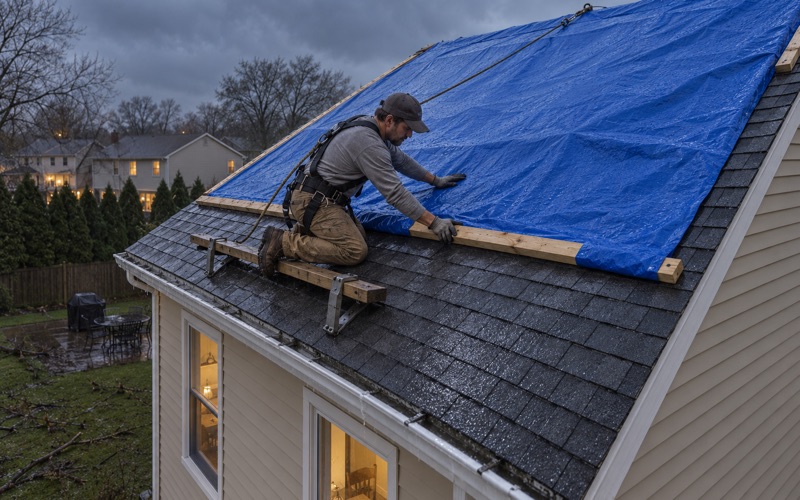 A blue tarp wrapped over the ridge and battened down on a storm-damaged Cherry Hill roof on a wet, windy evening.