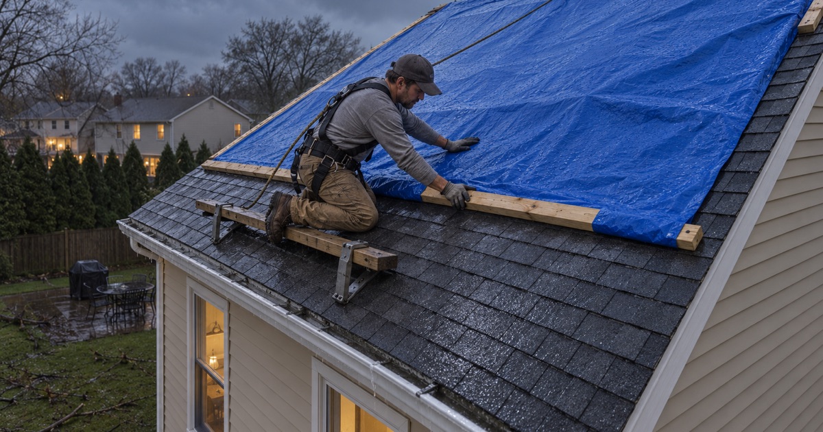 A blue tarp wrapped over the ridge and battened down on a storm-damaged Cherry Hill roof on a wet, windy evening.