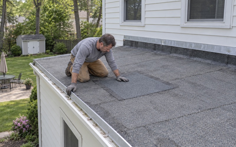 A patch of granulated cap sheet pressed over a split in the flat roof of a rear den addition on a Cherry Hill house.