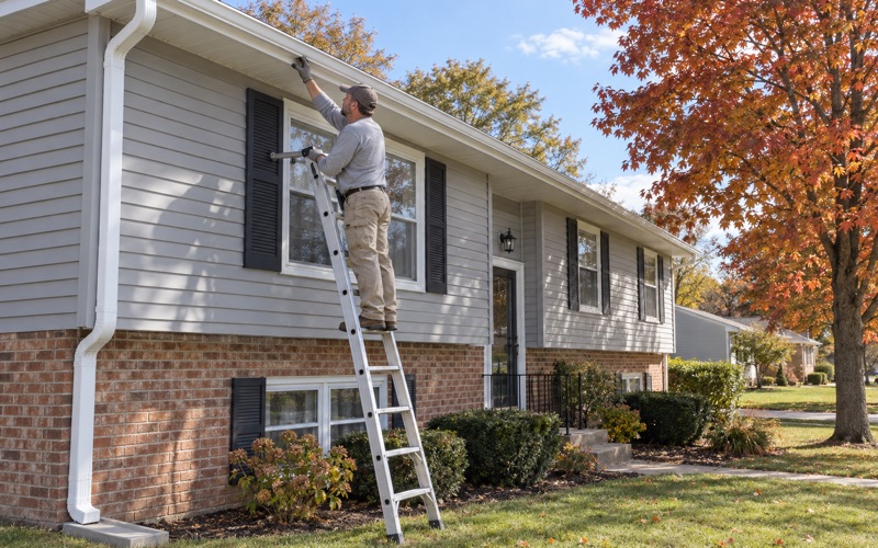 A new white seamless gutter guided into its hidden hangers along the fascia of a Cherry Hill bi-level, the downspout running down the corner.