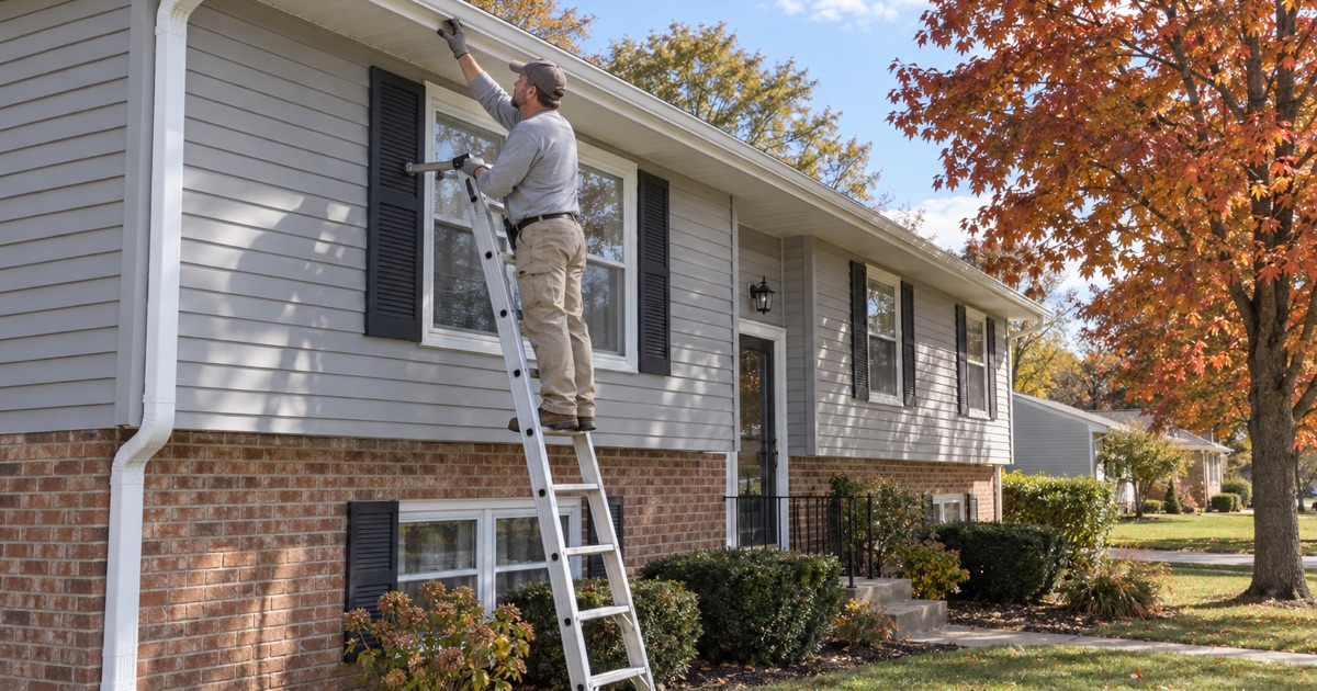 A new white seamless gutter guided into its hidden hangers along the fascia of a Cherry Hill bi-level, the downspout running down the corner.