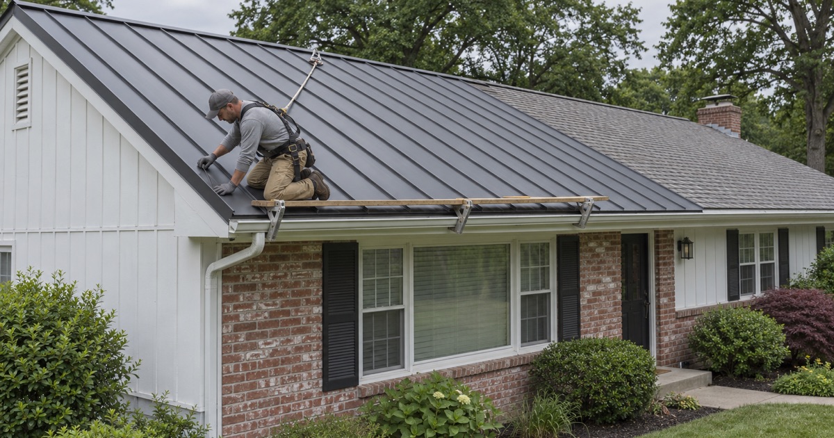 Charcoal standing-seam steel panels going onto the main roof of a 1950s ranch in Cherry Hill.