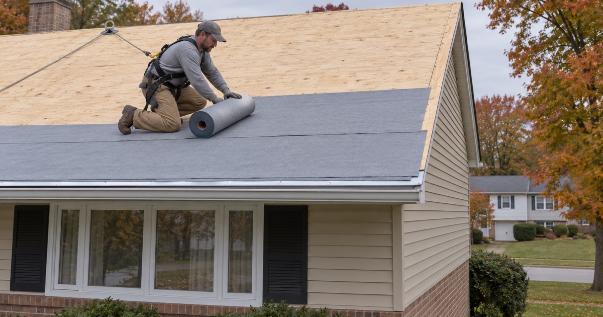 Underlayment rolled out over a new plywood deck on a Cherry Hill bi-level halfway through a full roof replacement.