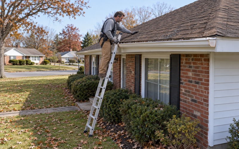 A roofer at eave height on a ladder checking worn, curled shingles on a Cherry Hill ranch, loose granules gathered in the gutter.