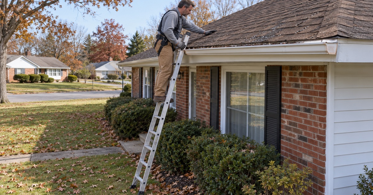 A roofer at eave height on a ladder checking worn, curled shingles on a Cherry Hill ranch, loose granules gathered in the gutter.