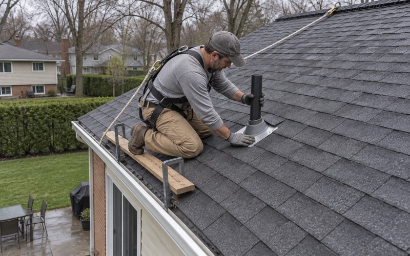 A new pipe boot lapped into the shingles around a vent pipe on the rear slope of a Cherry Hill split-level to stop a leak.