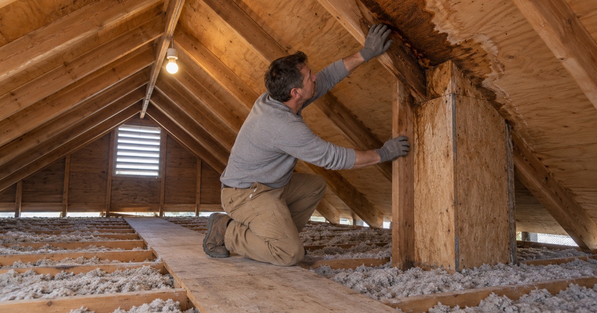 A leak traced in the attic of a Cherry Hill split-level, a dark stain spreading down the plywood deck beside the chimney chase.