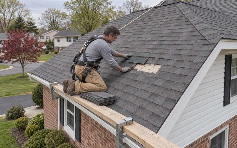 Matching shingles slid into a patch of missing ones on the upper roof of a split-level in Cherry Hill's Greentree section.