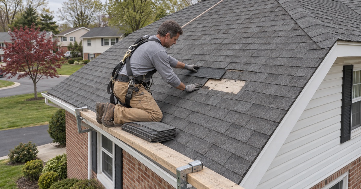 Matching shingles slid into a patch of missing ones on the upper roof of a split-level in Cherry Hill’s Greentree section.