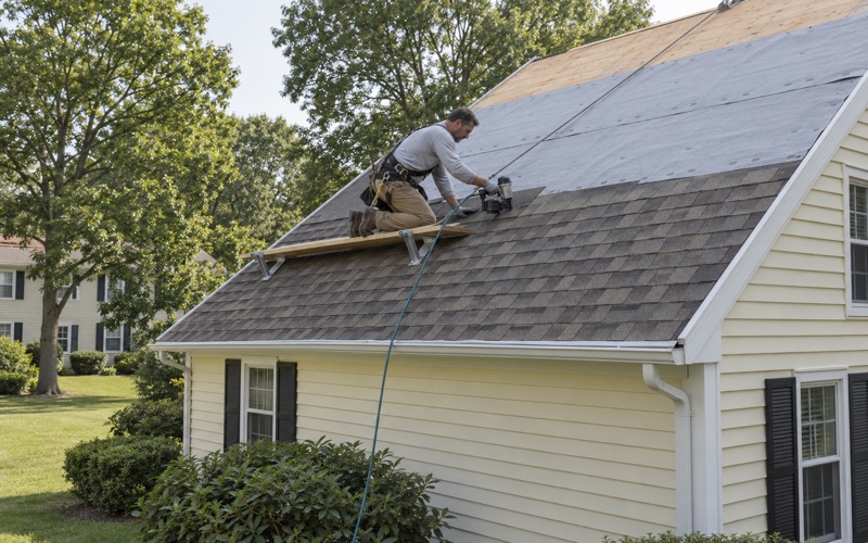 New weathered-wood shingles nailed up the side slope of a 1960s colonial in Cherry Hill, the old roof already gone.