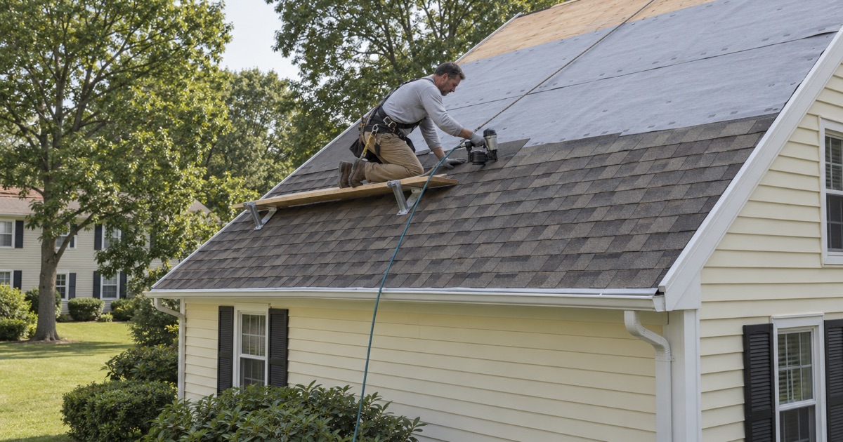 New weathered-wood shingles nailed up the side slope of a 1960s colonial in Cherry Hill, the old roof already gone.
