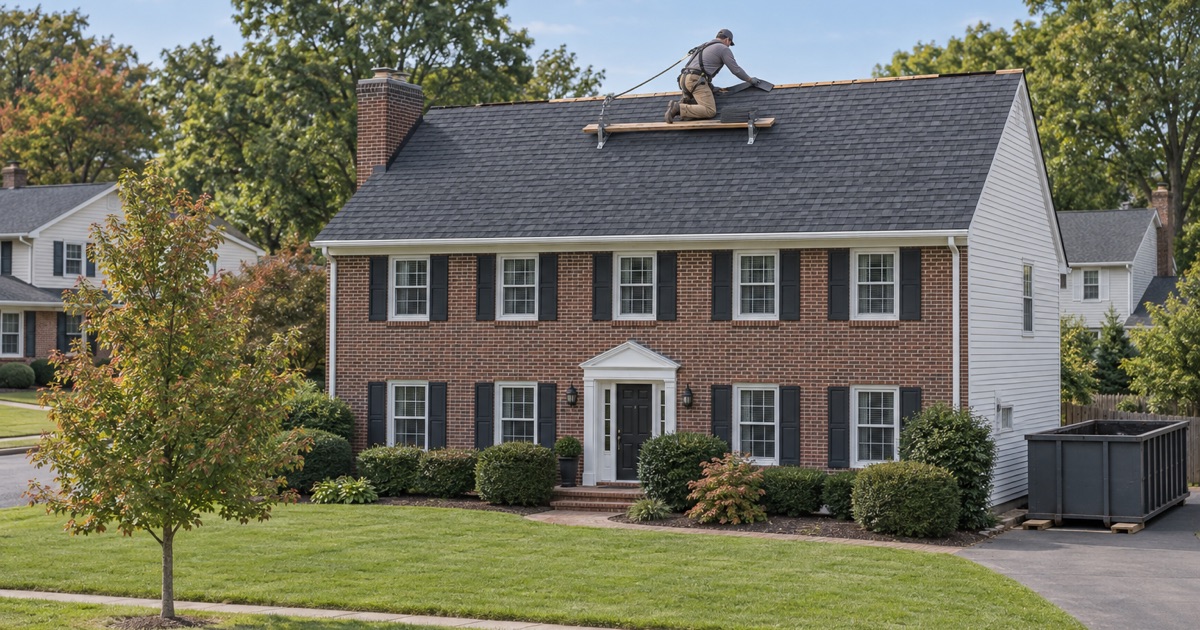 A roofer setting the ridge cap on a new charcoal shingle roof over a 1960s colonial in Cherry Hill’s Kingston Estates.