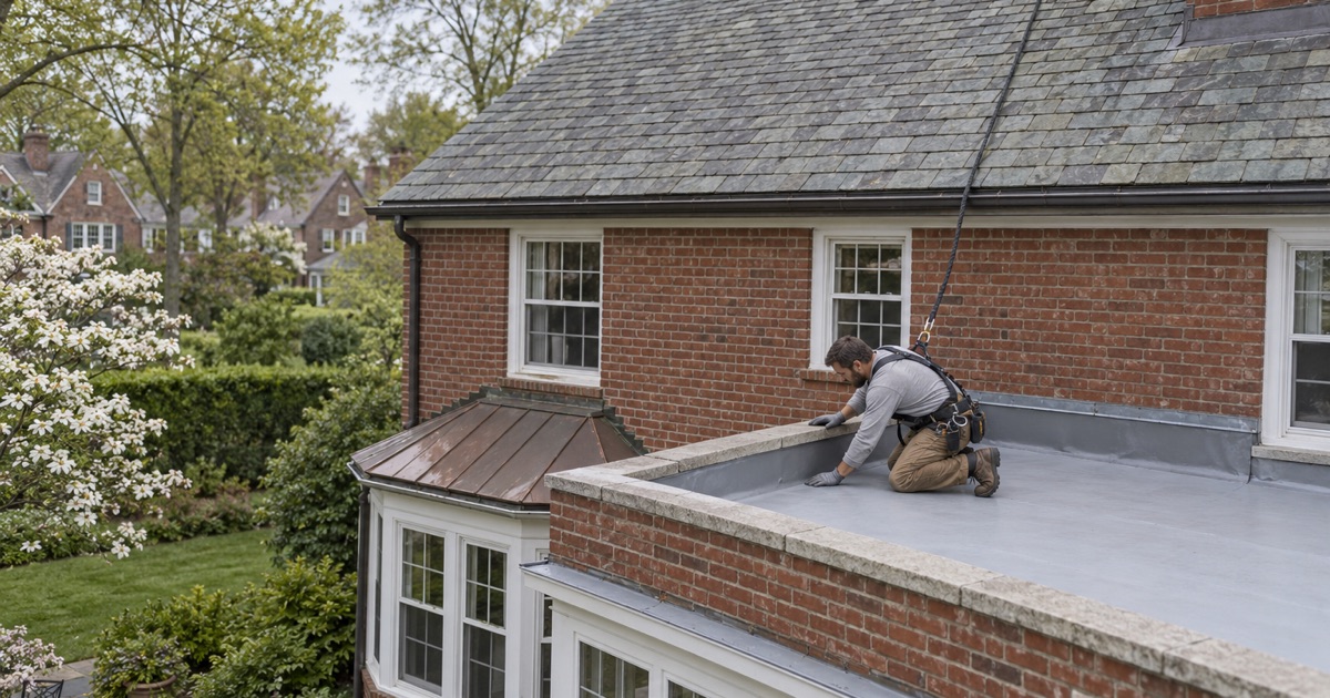 Three roofs on one 1920s Erlton house in Cherry Hill: a slate main roof, a copper standing-seam bay and the flat membrane roof of a rear sunroom.