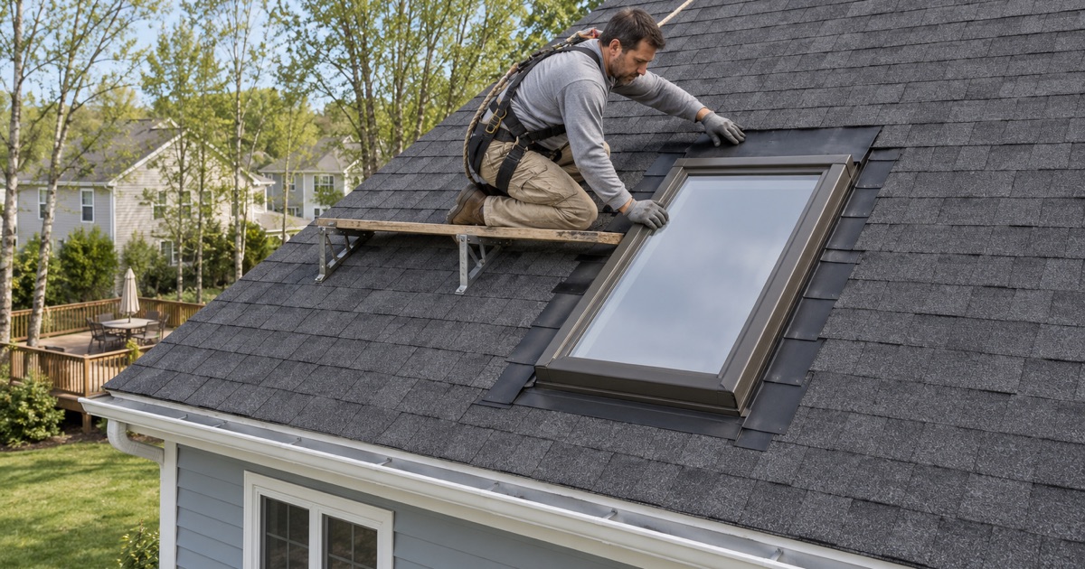 Step flashing woven up the sides of a new skylight on the rear slope of a Cherry Hill colonial, the head flashing going in above.