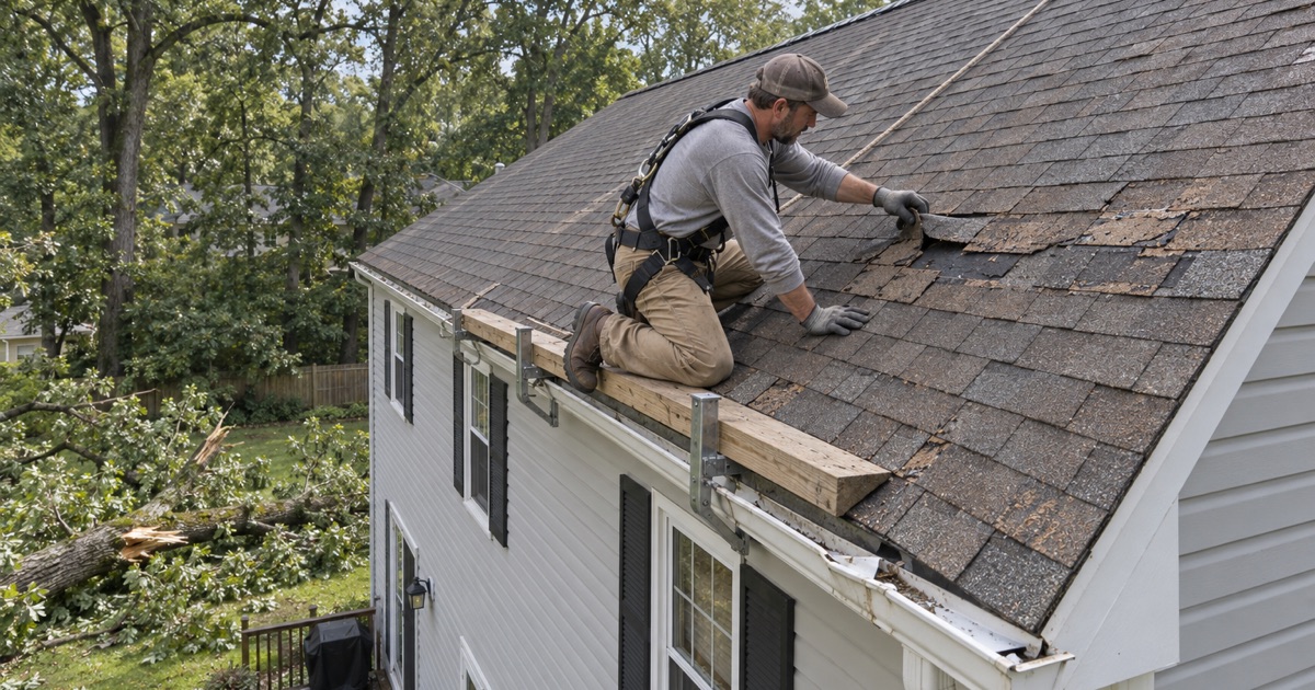 Shingles cracked where a fallen limb struck the rear roof of a colonial in Cherry Hill’s Barclay section, the limb on the lawn below.